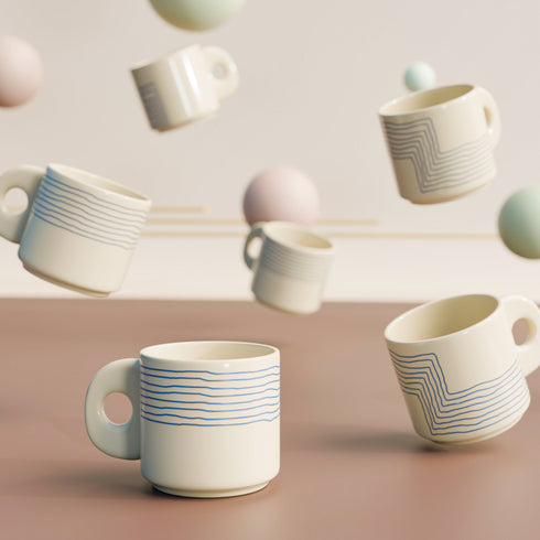 Cream Blue Ziggy Tea Cup Set of 6 - The Earth Store - Tea Cups